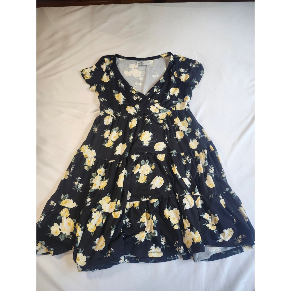 Hollister Womens‎ Black Yellow Floral Tiered Mini Dress V-Neck Back Tie Small